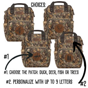 Our camouflage diaper bag for baby boys has choices of duck, deer, fish or trees and can be customized with babies name.