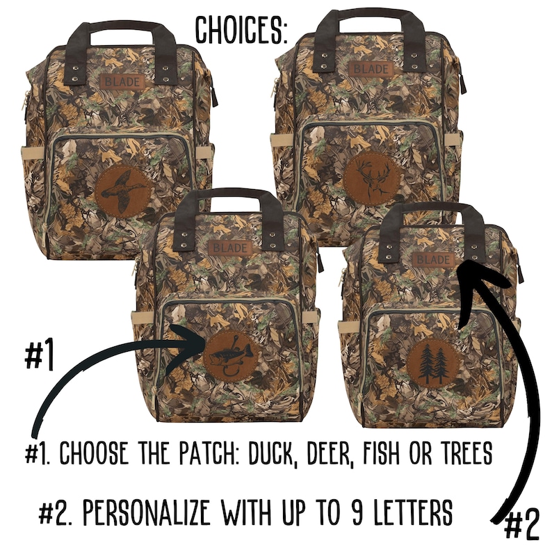 Our camouflage diaper bag for baby boys has choices of duck, deer, fish or trees and can be customized with babies name.