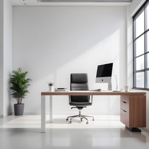 May include: A contemporary office space featuring a wooden desk, a black leather chair, and a computer monitor. A potted plant is in the corner. The room is bright with natural light from a large window.