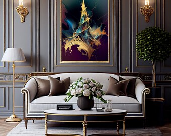 May include: A white sofa with brown throw pillows sits in a living room with a gold coffee table and a framed abstract painting of a gold and blue structure on a dark purple background.