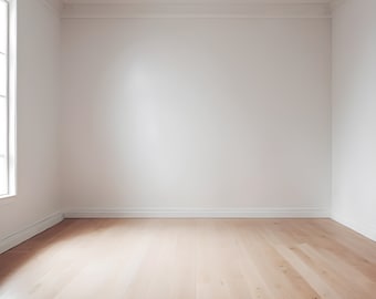 Op de afbeelding: Lege kamer met witte muren en een lichte houten vloer. De kamer heeft een raam aan de linkerkant en witte plinten.