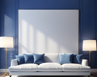 Blue Wall Living Room Mockup | Modern Interior Template | JPG PNG