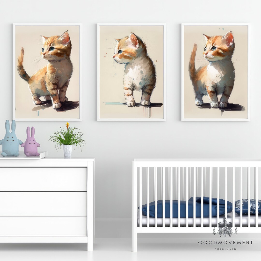 Cat Nursery Wall Art , Cat Boho Nursery Decor, Print Set of 3, Baby