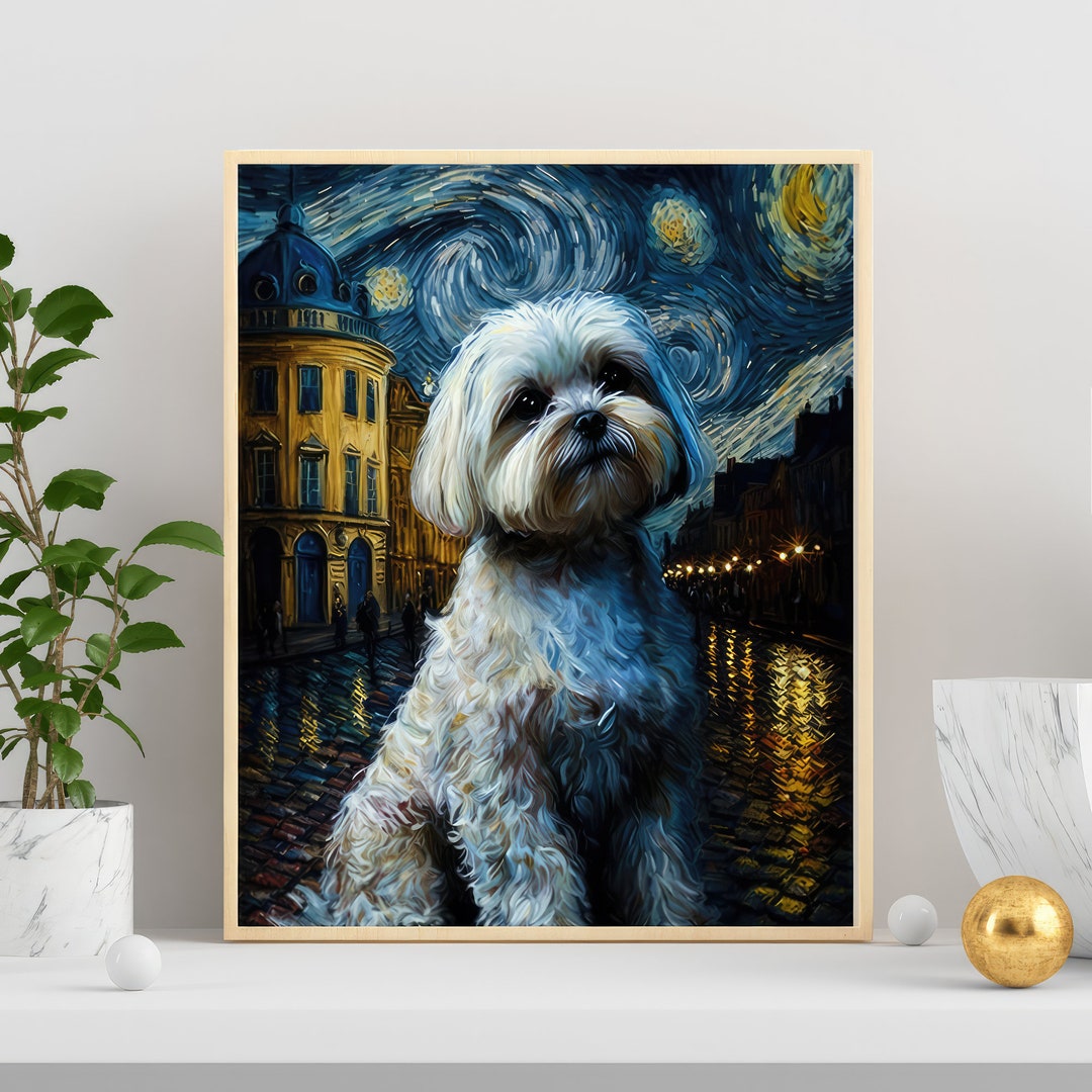 Maltese Wall Art Starry Night Paris Portrait Dog Decor Printable