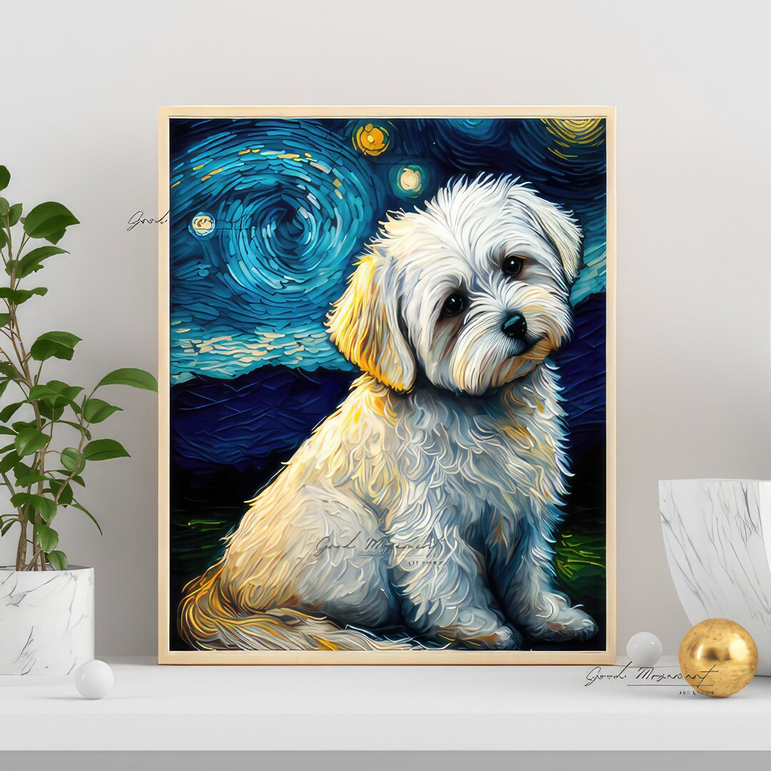 Maltese Wall Art Starry Night Portrait Dog Room Decor Printable
