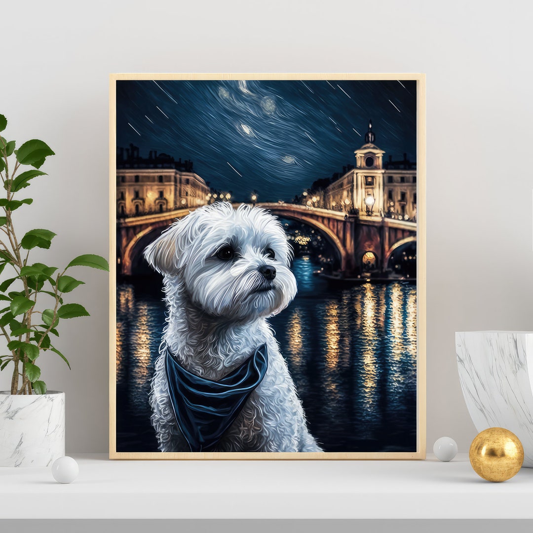 Maltese Wall Art Starry Night Portrait Dog Decor Printable Etsy