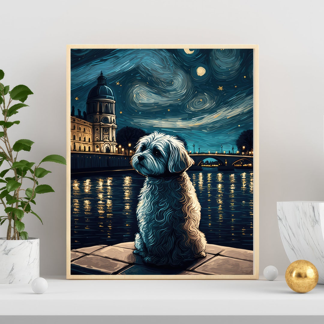 Maltese Wall Art Starry Night Paris Portrait Dog Decor Printable