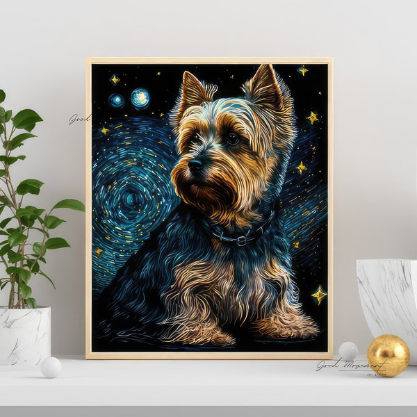 Yorkshire Terrier Wall Art Starry Night Portrait Dog Room Decor Imprimable Salon Téléchargeable Art Design Fichier PNG numérique