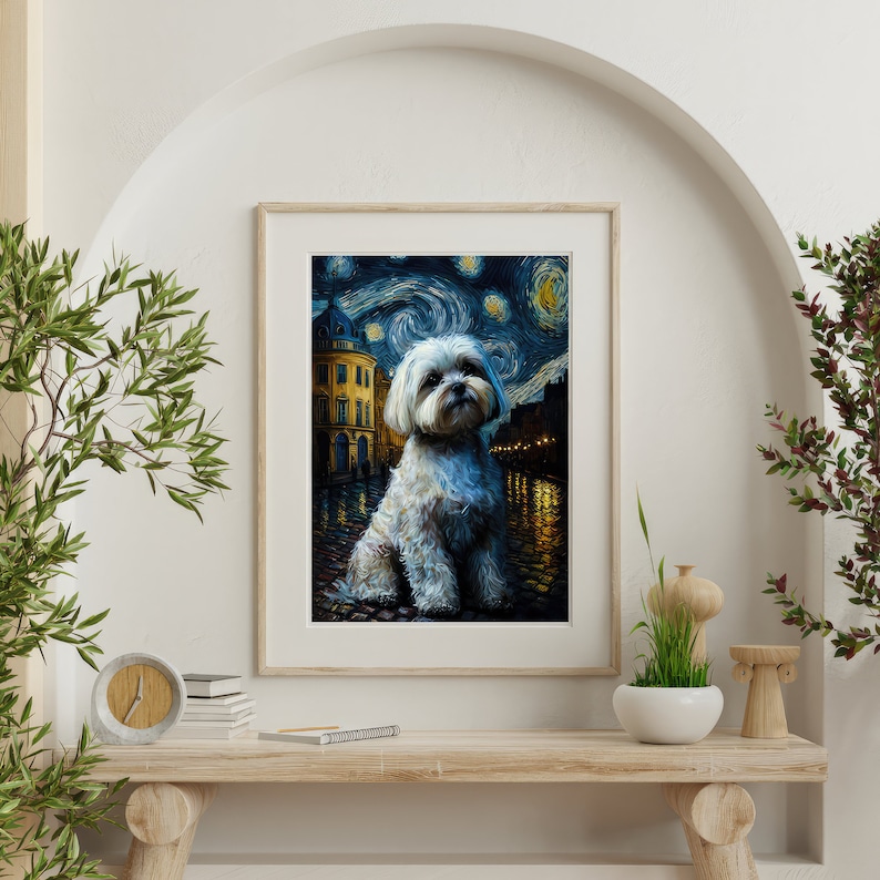 Maltese Wall Art Starry Night Paris Portrait Dog Decor Etsy