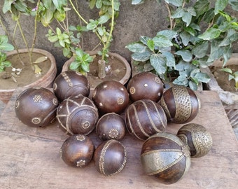 Handmade Wooden Decoration Balls Brass and Copper Work Set of 16 -Art collection/Handmade Garden & Home Decor/Wooden Carved Decor/table ball