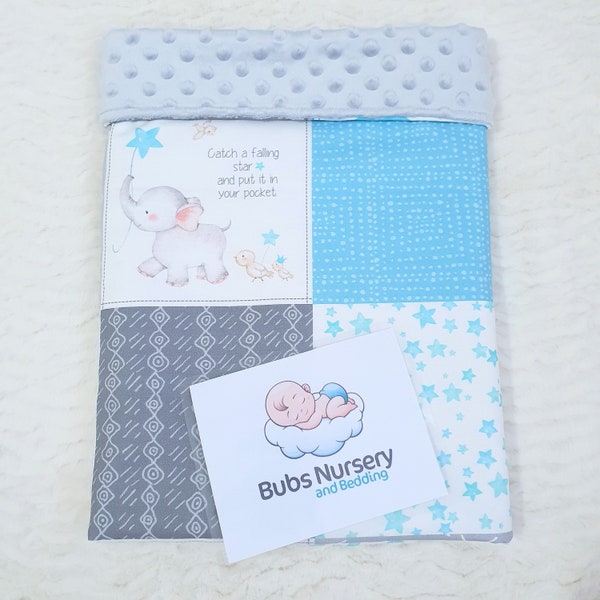 Baby Elephant Patchwork style Cradle/Pram blanket with minky dimple dot backing - Grey, Aqua blue + white