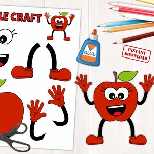 May include: A printable craft sheet with the text "APPLE CRAFT" features a red apple character with arms, legs, and a smiling face. Additional apple parts, scissors, and glue are included. The words "INSTANT DOWNLOAD" are also visible.