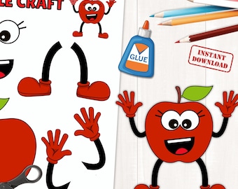 May include: A printable craft sheet with the text "APPLE CRAFT" features a red apple character with arms, legs, and a smiling face. Additional apple parts, scissors, and glue are included. The words "INSTANT DOWNLOAD" are also visible.