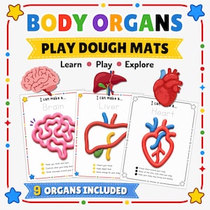 Puede incluir: Mats educativos de plastilina con ilustraciones de órganos del cuerpo. Los tapetes muestran un cerebro, un hígado y un corazón, con el texto "Body Organs Play Dough Mats". La imagen también incluye el texto "Learn, Play, Explore" y "9 Organs Included".