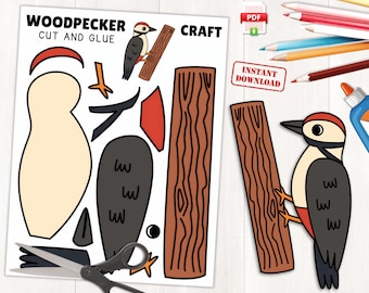 Woodpecker Craft Printable | Spring Bird Craft Activity for Kids | Coloring Page | Instant Download