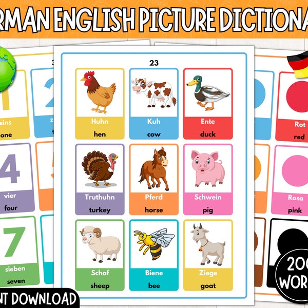 Printable German-English Picture Dictionary | My First 200 German Words | Learn German for Kids | German Flashcards | Digital Download | PDF