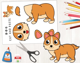Artigianato stampabile per cani Corgi / Artigianato per animali da compagnia / Attività con animali da fattoria / Colora, taglia e incolla / Cane di carta / Download digitale / PDF