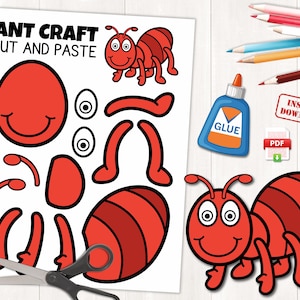 Puede incluir: Manualidad de hormiga imprimible para niños. Recorta y pega las partes del cuerpo de la hormiga para crear una hormiga roja. La manualidad incluye una cabeza, un cuerpo, patas, antenas y ojos.