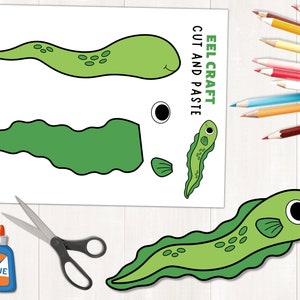 Op de afbeelding: Een printbare knutselactiviteit voor kinderen om een ​​aal te maken. De printbare afbeelding toont een groene aal met een zwart oog en een witte omtrek. De tekst "Eel Craft Cut and Paste" staat bovenaan de pagina.