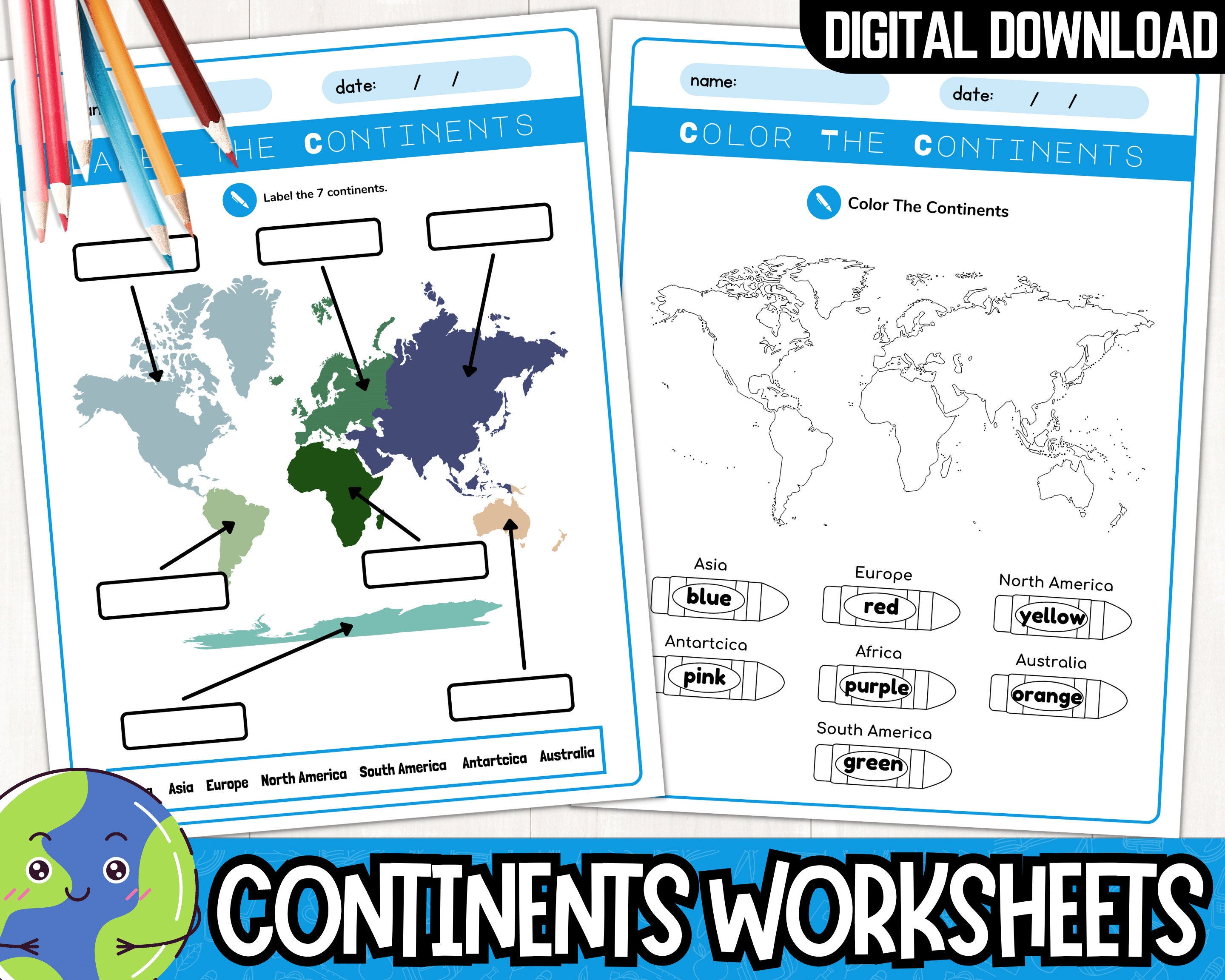 Continents Of The World Worksheets For Kids Continents Labeling