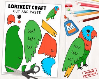 Printable Lorikeet Craft for Kids | Australian Bird Theme Craft Activity | Cut and Paste Rainforest Activity with Coloring Page