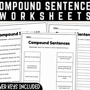 Op de afbeelding: Zwart-witte printbare werkbladen om te leren over samengestelde zinnen. De werkbladen bevatten instructies en voorbeelden van samengestelde zinnen. De tekst op de werkbladen luidt "Samengestelde zinnen" en "Instructies: Label elke zin".