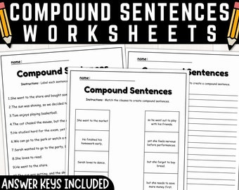 Compound Sentence Worksheets | Sentence Structure | Coordinating Conjunctions (FANBOYS) | Instant Download | PDF