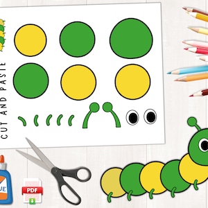 Manualidad de oruga imprimible, actividades de primavera, artesanía de insectos, página para colorear de oruga, actividad preescolar en interiores, tamaño de carta de EE. UU., tamaño A4