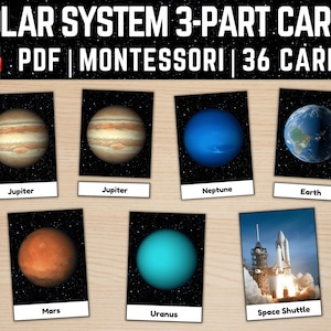 Tarjetas Montessori del Sistema Solar de 3 partes, Tarjetas didácticas de planetas con imágenes reales, Tarjetas didácticas del Sistema Solar, Tarjetas didácticas de vocabulario espacial,