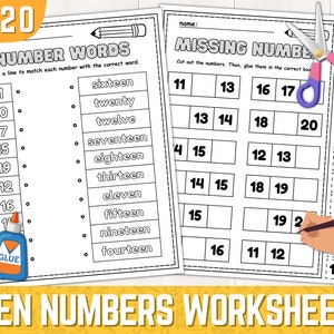 May include: Two black and white worksheets for kids to practice counting and matching numbers 11-20. The first worksheet has a list of numbers and a list of number words. The second worksheet has a grid with missing numbers that need to be cut out and glued in the correct boxes. The worksheets have the title "Teen Numbers Worksheets".