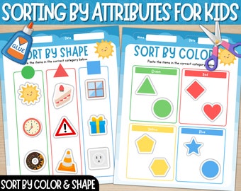 Sorting by Attributes Printable Worksheets | Sort by Shape | Sort by Color | Sorting 2D Shapes Worksheet |  Colors Sorting Activity | PDF