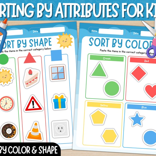 Sorting by Attributes Printable Worksheets | Sort by Shape | Sort by Color | Sorting 2D Shapes Worksheet |  Colors Sorting Activity | PDF