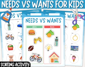 Needs vs. Wants Sort Worksheets | Cut and Paste Activity | Needs and Wants Sorting Activity | Digital Download | Printable PDF