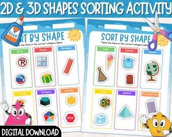 2D & 3D Shapes Sorting Activity Printable Worksheets | Sort by Shape | Cut and Glue Activity | 3D Object Sorting Activity | Digital Download