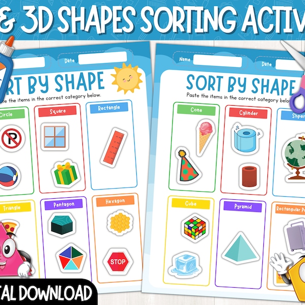 2D & 3D Shapes Sorting Activity Printable Worksheets | Sort by Shape | Cut and Glue Activity | 3D Object Sorting Activity | Digital Download