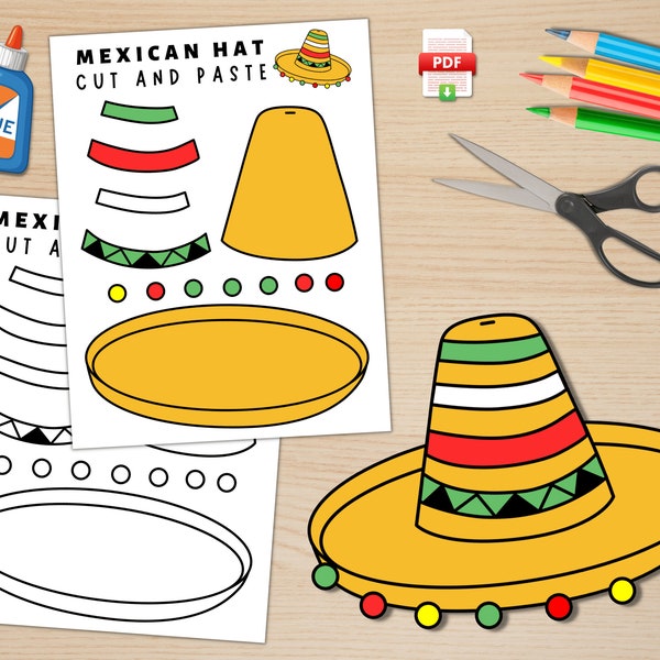 Afdrukbare Sombrero Hat Craft | Spaanse Erfgoedmaand Ambacht | Cinco de Mayo-activiteiten | Kleur, knip en plak | Mexicaanse hoed | Pdf