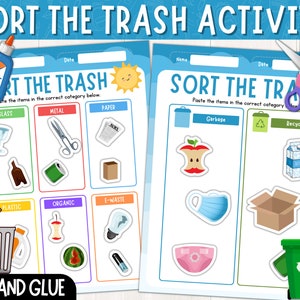 Könnte beinhalten: Ein druckbares Lernspielblatt für Kinder, um das Recycling und die Mülltrennung zu lernen. Das Blatt hat zwei Bereiche, einen mit Kategorien für Glas, Metall, Papier, Plastik, Biomüll und Elektroschrott, und den anderen mit Kategorien für Müll und Recycling. Das Blatt enthält verschiedene Bilder von alltäglichen Haushaltsgegenständen, wie z. B. eine Glasflasche, eine Dose, eine Zeitung, eine Plastikflasche, eine Bananenschale, eine Glühbirne, einen Apfelkern, einen Milchpaket und eine Windel.