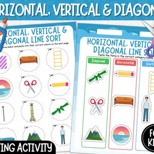 Może przedstawiać: Drukowana karta pracy dla dzieci, aby ćwiczyły rozpoznawanie linii poziomych, pionowych i ukośnych. Karta pracy zawiera różne obrazki, w tym drabinę, ołówek, kanapę, nożyczki, górę, słońce i gwóźdź. Karta pracy zawiera instrukcje, aby wyciąć obrazki i wkleić je do odpowiedniej kategorii.