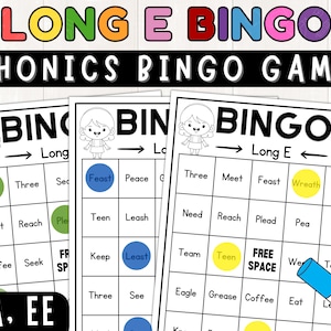 May include: A printable long E phonics bingo game with a cartoon girl and boy on the top of each card. The game includes words like "eat", "three", "feast", "wreath", "leash", "teen", "keep", "least", "team", "teen", "free space", "eagle", "grease", "coffee", and "eat".