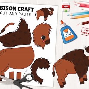 May include: Printable craft activity for kids featuring a brown bison. The printable includes cut-out pieces of a bison to be assembled and pasted together. The title of the printable is "Bison Craft Cut and Paste".