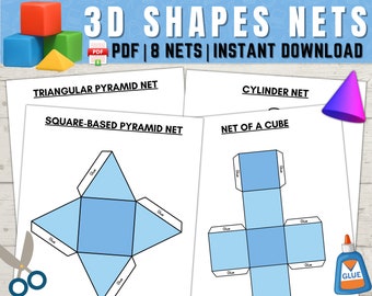 Hojas de trabajo de actividades de artesanía de redes de formas 3D recortadas, actividad de construcción de formas 3D, actividad de matemáticas de formas 3D con redes, hojas de trabajo de matemáticas de redes de formas 3D