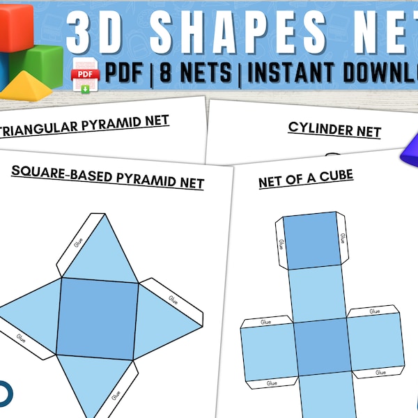 Hojas de trabajo de actividades de artesanía de redes de formas 3D recortadas, actividad de construcción de formas 3D, actividad de matemáticas de formas 3D con redes, hojas de trabajo de matemáticas de redes de formas 3D