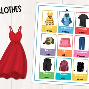 K&ouml;nnte beinhalten: Eine bunte Karte mit Illustrationen verschiedener Kleidungsst&uuml;cke, darunter ein Kleid, ein Hoodie, ein T-Shirt, eine Kappe, ein Rock, eine Hose, eine Weste, ein Hemd und eine Jacke. Die Karte enth&auml;lt die englischen und spanischen Namen f&uuml;r jedes Kleidungsst&uuml;ck.