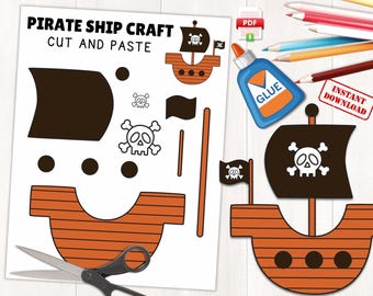 Utskrivbart piratskeppspyssel för barn | Sommartema med havstema | Klipp och klistra med skepp och målarbild | Direktnedladdning | PDF