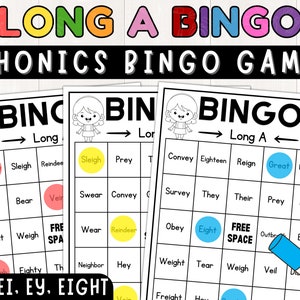 May include: A printable phonics bingo game with a long 'a' sound. The game features a colorful title with the words 'Long A Bingo' and 'Phonics Bingo Game'. The bingo cards have words like 'sleigh', 'weigh', 'neighbor', 'great', 'prey', 'eight', 'obey', 'veil', 'reindeer', 'convey', 'survey', 'their', 'wear', 'tear', 'freight', 'reign', 'swear', 'they', 'weigh', 'neighbor', 'eighty', 'eight', 'convey', 'outbreak', 'bear', 'hey', 'and 'free space'.