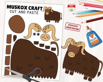 Artesanato de boi-almiscarado para imprimir para crianças | Atividades de animais do Ártico | Artesanato de Natal de inverno para recortar e colar com página para colorir