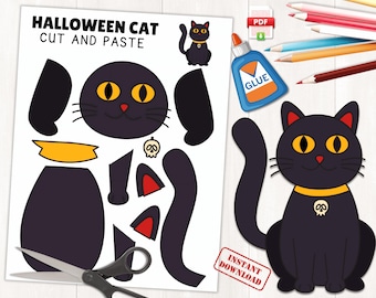 Manualidad de gato de Halloween imprimible: actividad de cortar, pegar y colorear (Descargar PDF)
