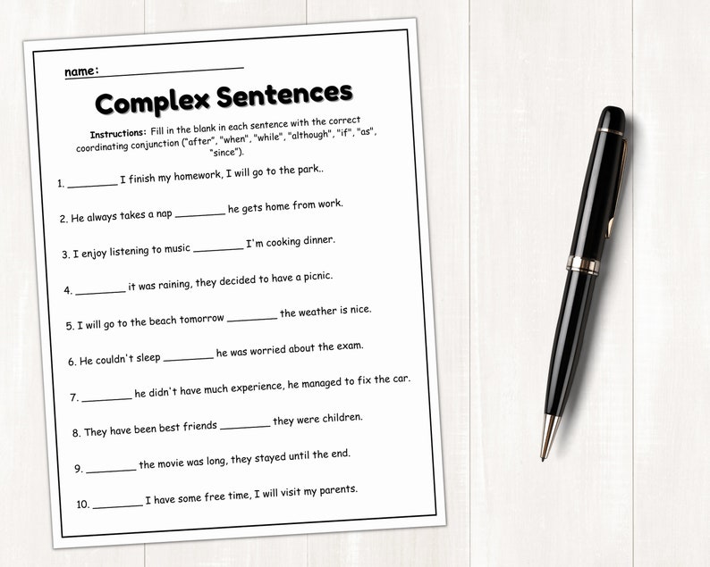 Complex Sentence Worksheets | Sentence Structure | Subordinating ...