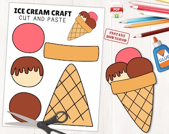 May include: Printable ice cream craft for kids. Cut and paste the ice cream scoops, cone, and toppings to create a fun summer treat.