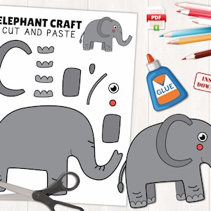 Modelo de artesanato de elefante | Craftivity de elefante para impressão | Colorir, cortar e colar | Animal de zoológico | Artesanato de animal da selva | Download instantâneo